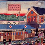 西京神戸之間鉄道開業式庶民拝見之図　歌川広重(三代)　福田熊治郎版 　明治10年(1877)2月　錦絵3枚続